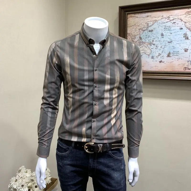 

Fashion Printed Lapel Spliced Button Striped Shirt Men's Clothing 2023 Autumn New Oversized Casual Tops Long Sleeve Shirts