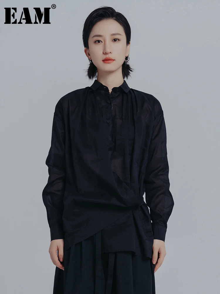

[EAM] Women Black Pleated Linen Big Size Blouse New Lapel Long Sleeve Loose Fit Shirt Fashion Tide Spring Autumn 2022 1DE7025