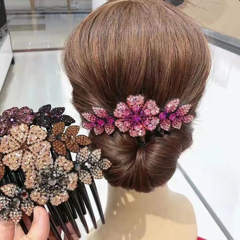 

Vintage Flower Crystal Hairclips Fashion Hair Maker Bun Hair Combs Plastic Shiny Hairpin For Women Wedding Hair Accessories Gift