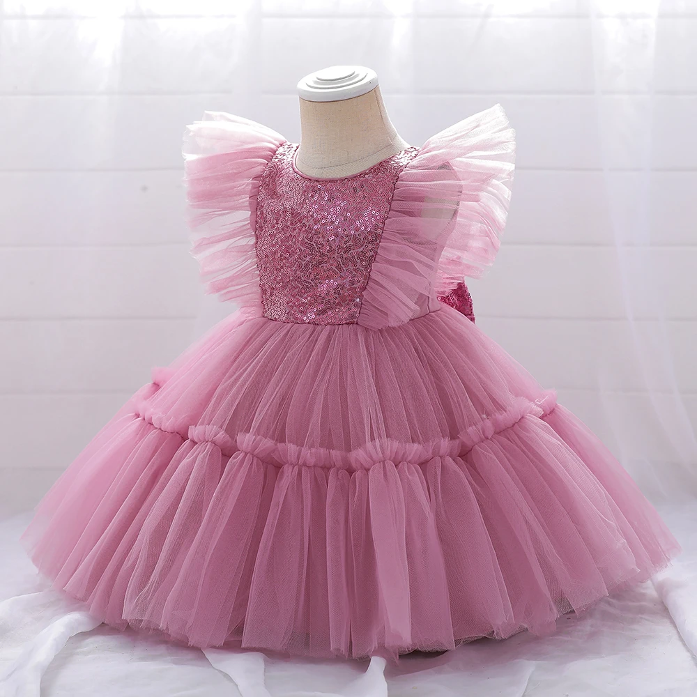 

Toddler Sequin Bow Girl Party Dress Baptism 1st Birthday Princess Dresses For Baby Girls Clothe Tutu Lace Wedding Dress Pageant