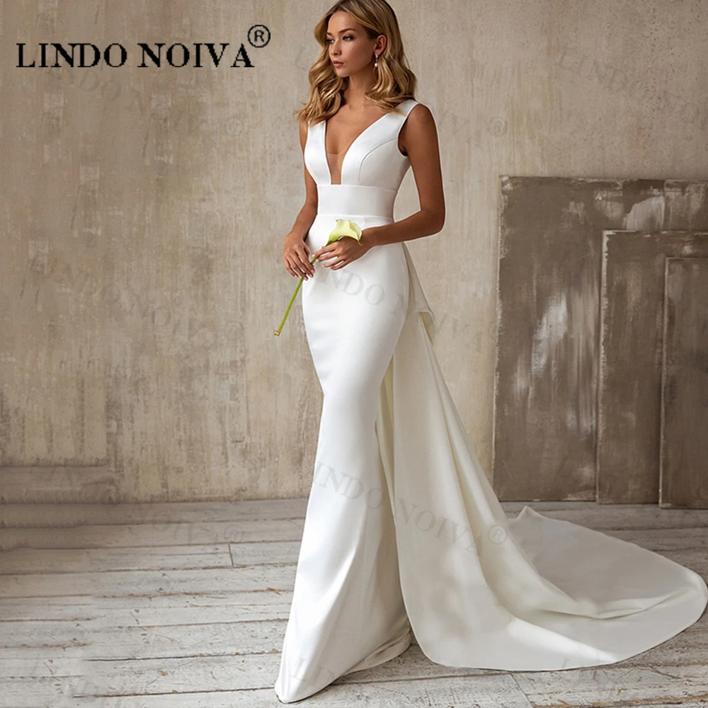 

LINDO NOIVA современные свадебные платья-русалки для женщин, Простые Свадебные платья без рукавов с открытой спиной и длинными поездами, Vestido De Novie