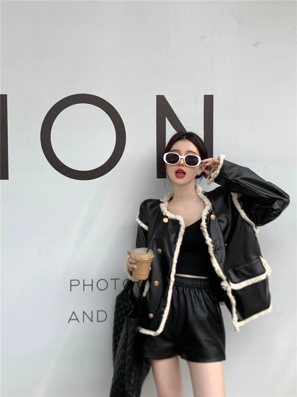 Black Pu Leather  Long Sleeved Jacket Women's Autumn 2022 Luxury Y2k Girl Loose Top Jacket  O Neck  High Street Fashion Clothes