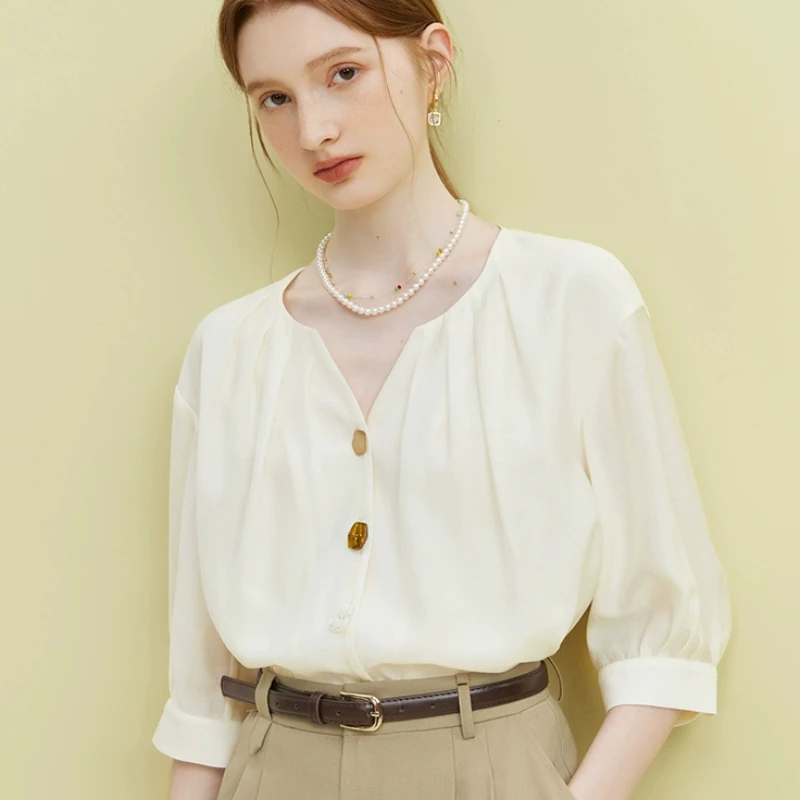 

Chiffon White Shirt Ladies Summer 2023 New Solid Casual Loose Blouses Short Sleeve Top V-neck Elegant Clothing YCMYUNYAN