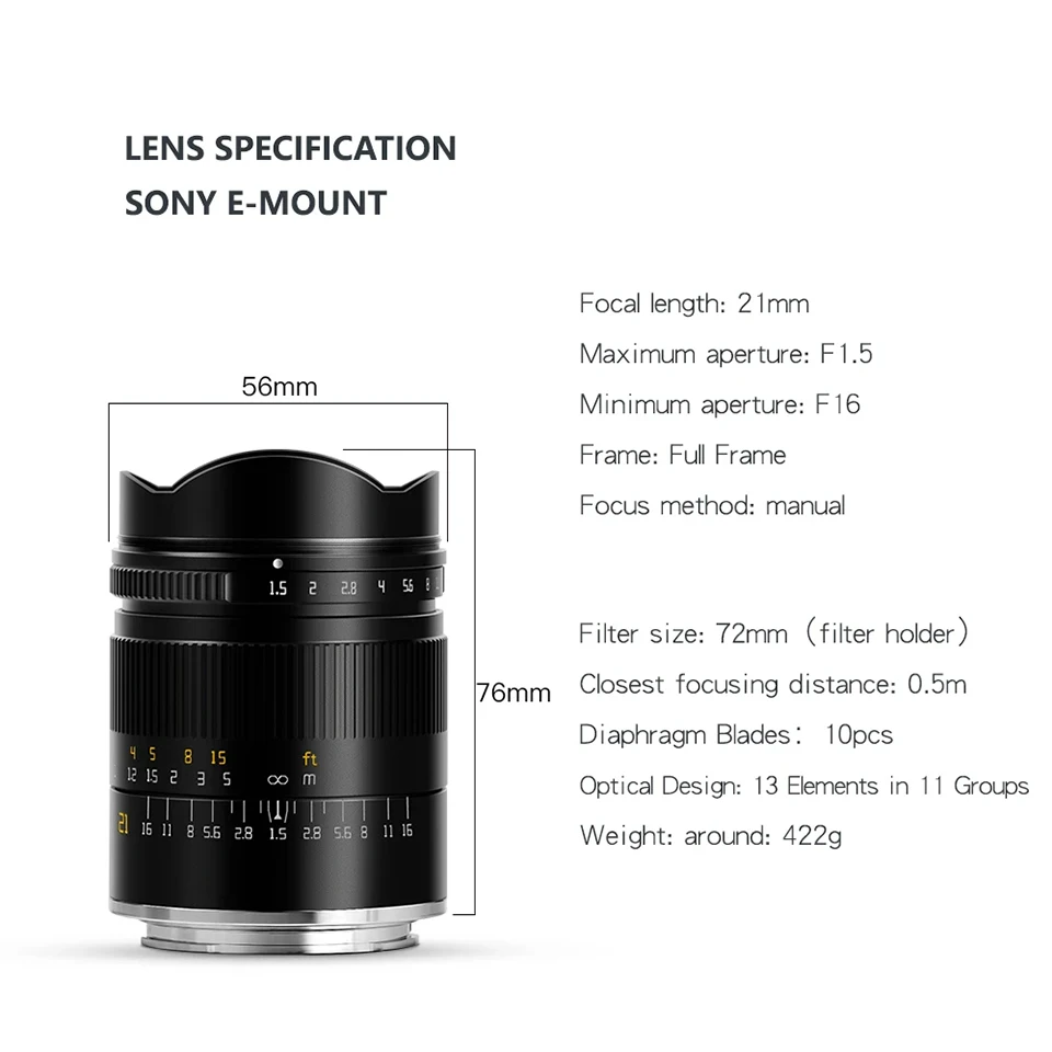 Полнокадровый объектив TTArtisan 21 мм F1.5 MF для камеры Canon R5 R6 Nikon Z50 Z7II Sony A5000 A7S A9 Lumix S1 Sigma