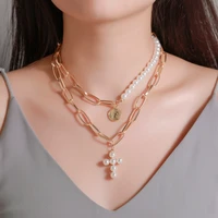 2022 fashion multilayer imitation pearls cross pendant necklaces for women gold color luxury design chain necklace jewelry gift