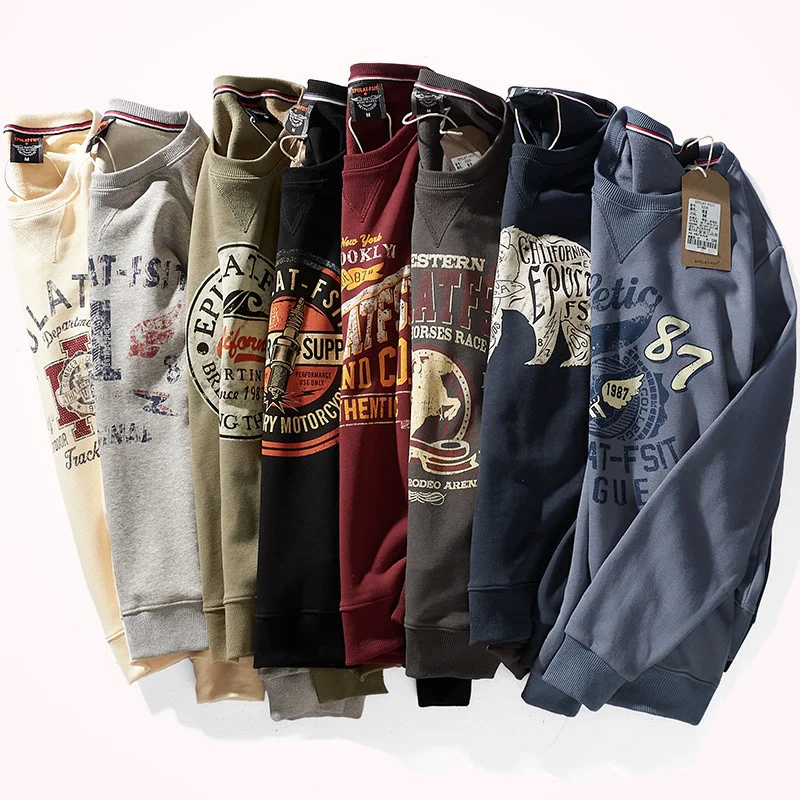 

American Retro Terry Printed Hoodies Men's Pure Cotton Washed Old Round Neck Pullover Knitted Long-sleeved Casual Sweatshirts