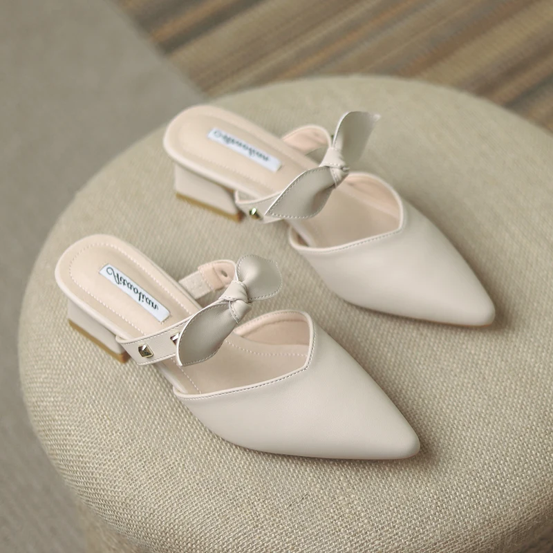 

Female Shoes Ladies' Slippers Butterfly-Knot Loafers Pointed Toe Rivet Square heel Women Heels Med 2023 Block High Soft Cover Ru
