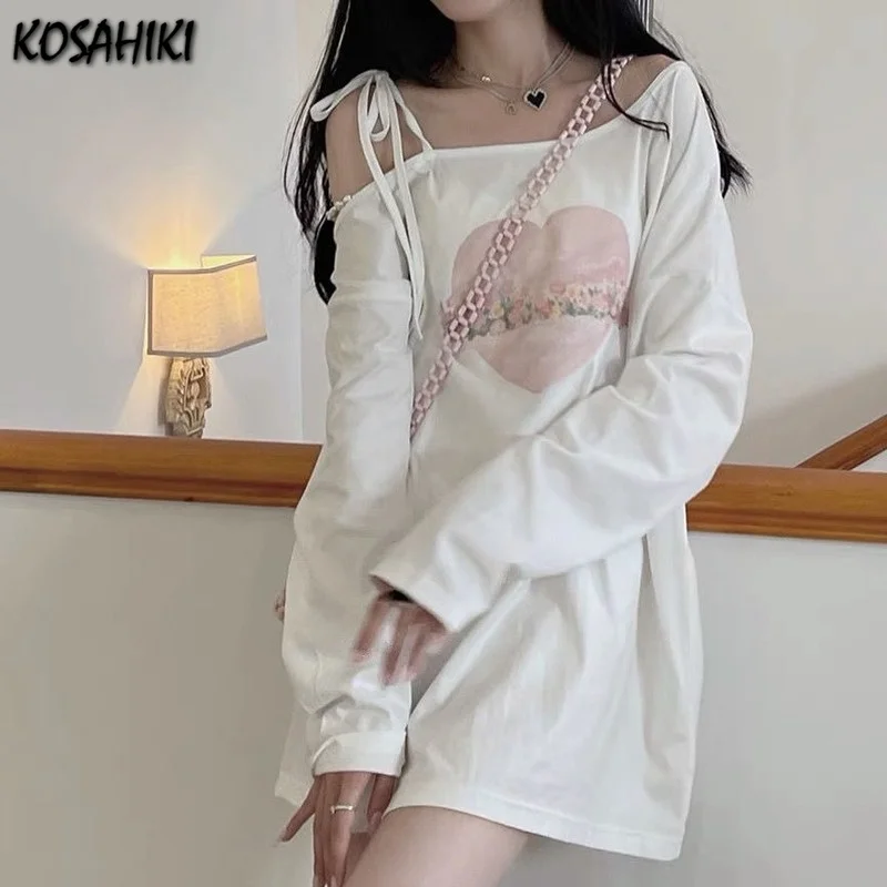 

Off Shoulder T Shirts Women Bandage Letter Heart Printed Autumn 2023 New Loose Long Sleeve Sexy Korean Chic T-skirt
