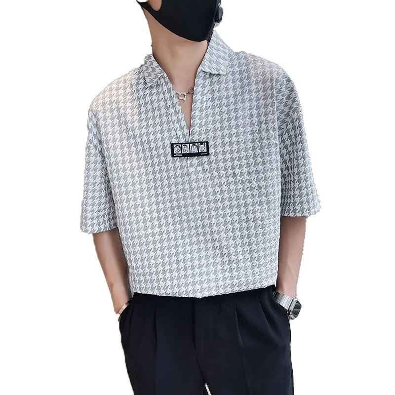 Brand Plaid Pullover Shirts for Men 2022 Summer Short Sleeve Loose Casual Shirt V Neck Streetwear Oversized Shirt Chemise Homme