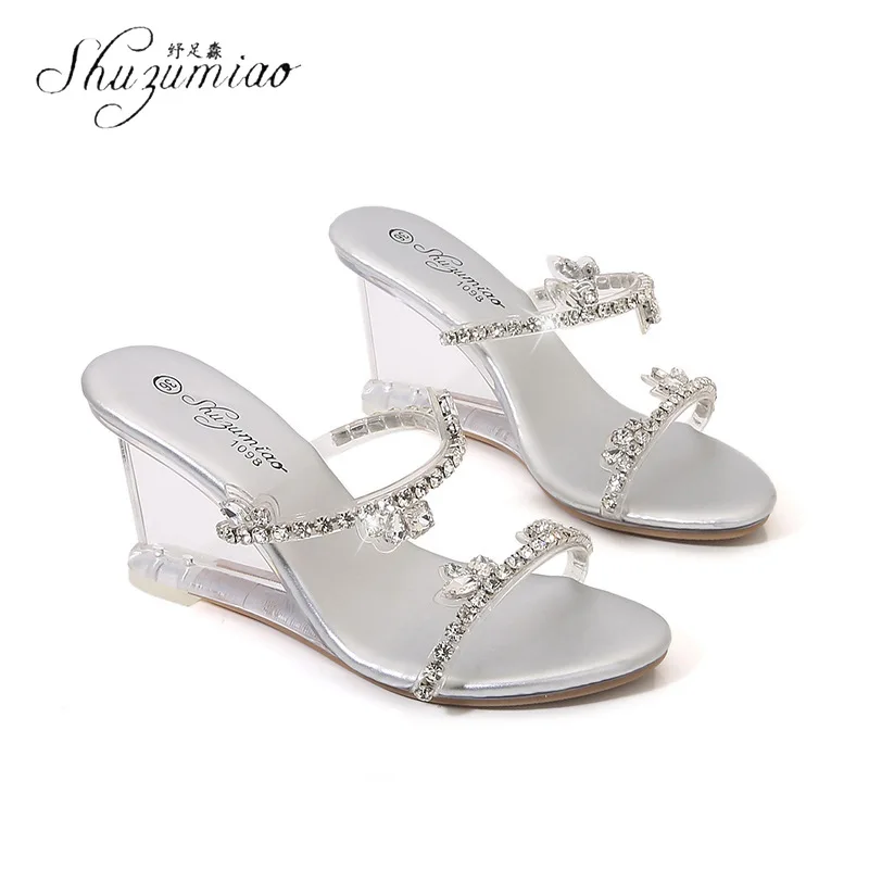 

SHUZUMIAO New Women Slippers Sexy Rhinestone Wedges Sandals Ladies 6cm/8cm High Heel Shoes Female Summer Party Mules Shoes