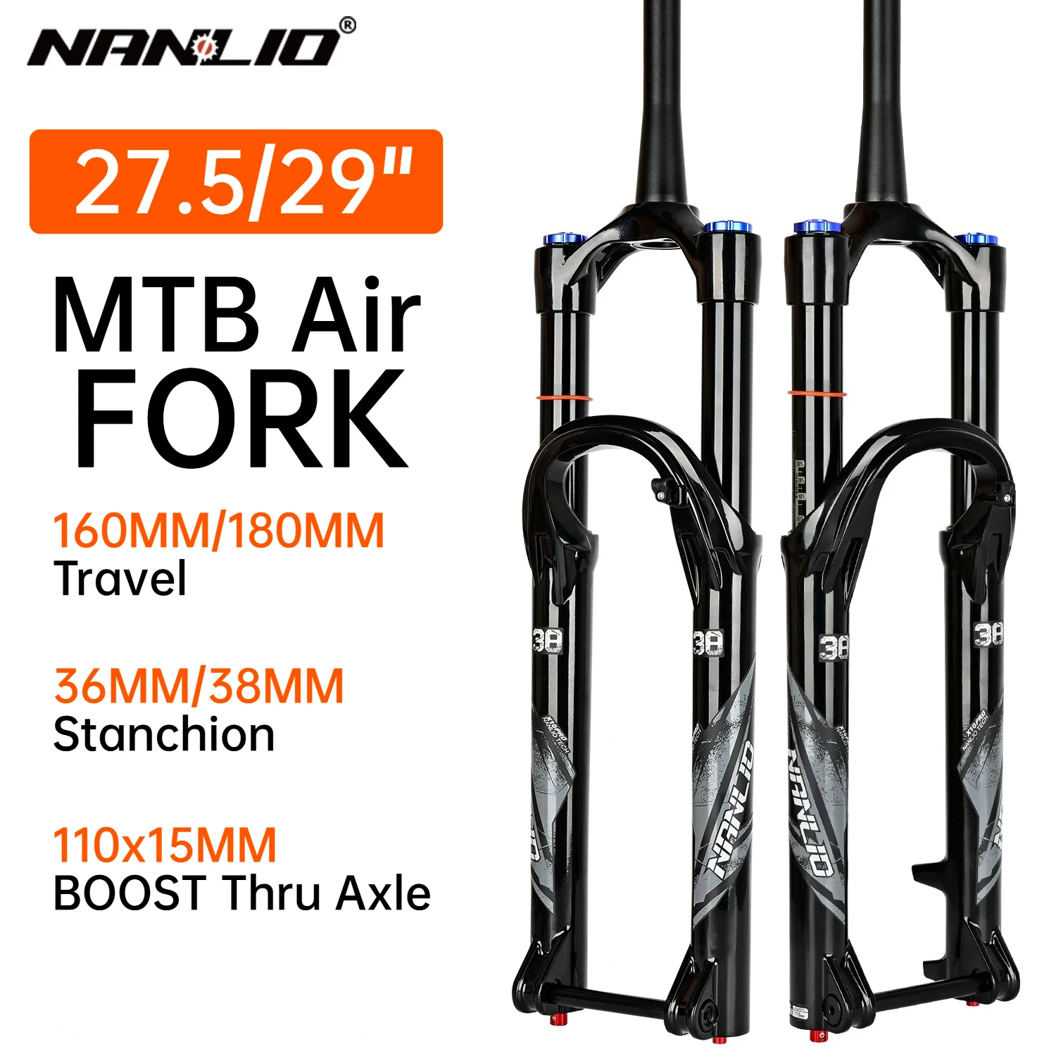 Фото Вилка для горного велосипеда NANLIO X10 PRO BOOST Oil Air MTB, ход 160/180 мм, шток 36/38 мм, сквозная ось 110x15 мм, 27.5/29 дюймов, для All Mountain и Enduro. №1