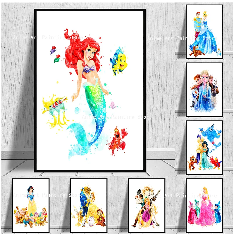 

Disney Princess Animation Movies Poster Film Prints Canvas Painting Watercolor Wall Art Picture For Kids Kawaii Room Home Decor
