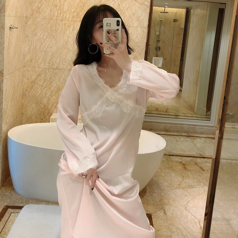 Spring Satin Nightdress Women Lace Faux Silk Long Sleeve V-Neck Sleepshirt French Court Style Nightgowns Sexy Home Dressing Gown