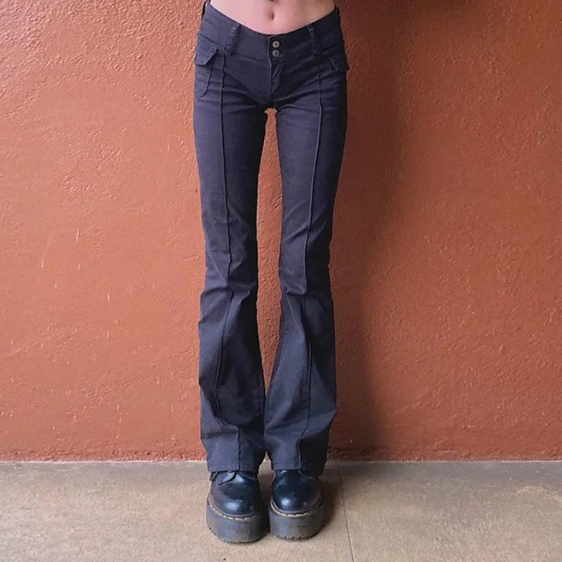 

2021 New Trousers Women Fashion Slim Low-waist Flared Pants Solid Color Y2K Pants Vintage British Autumn Casual Fashion Black
