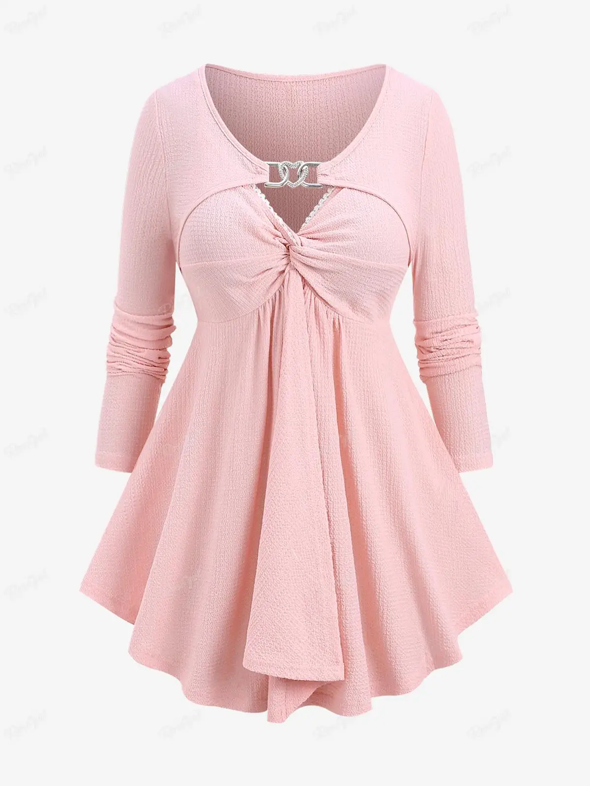 

ROSEGAL Plus Size Buckle Panel Twist Lace Trim T-shirt 2023 New Light Pink Fall Winter Keyhole Neck Ruched Top For Women