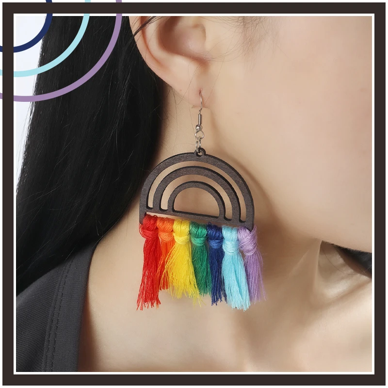 

Manti Woven Earrings Bohemian Ethnographic Geometric Wood Rainbow Tassel Fashion Commute Personality European American Women