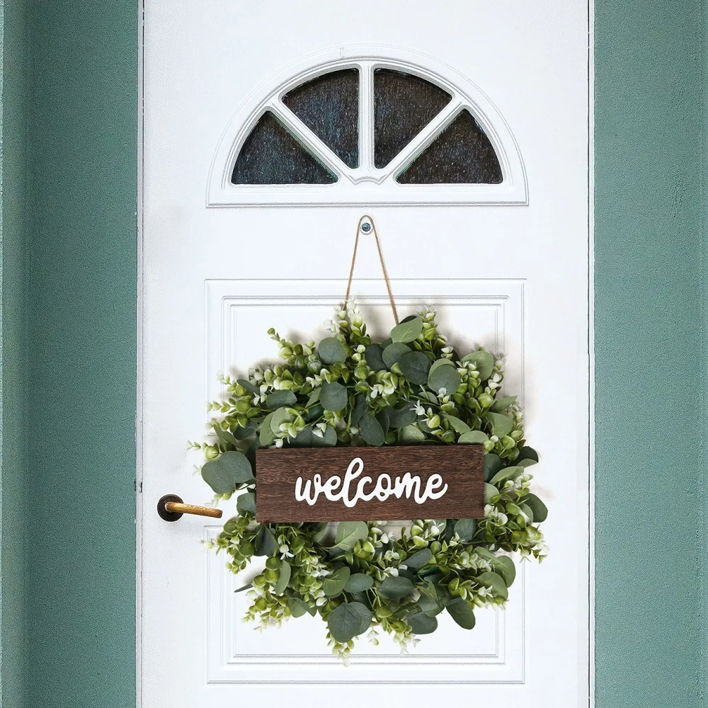 

Eucalyptus Wreath Door Hanging Wreath Artificial Garlands Round Welcome Sign Door Decorations for Home Wall Decor Green Leaf