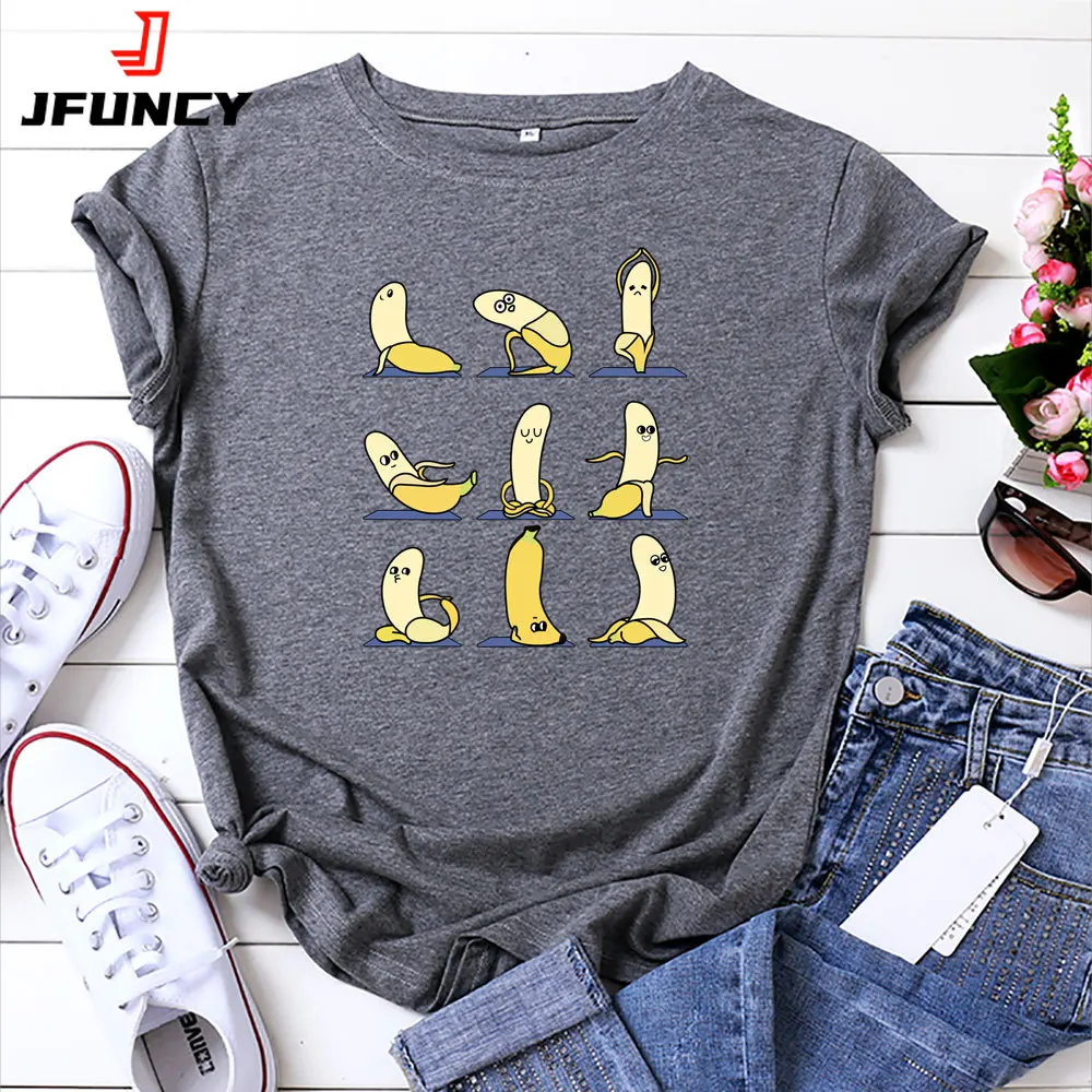 JFUNCY  T Shirt Women Summer Cotton T-Shirt Funny Banana Printed Short Sleeve Female Tee Tops 2023 Oversize Woman Tshirt