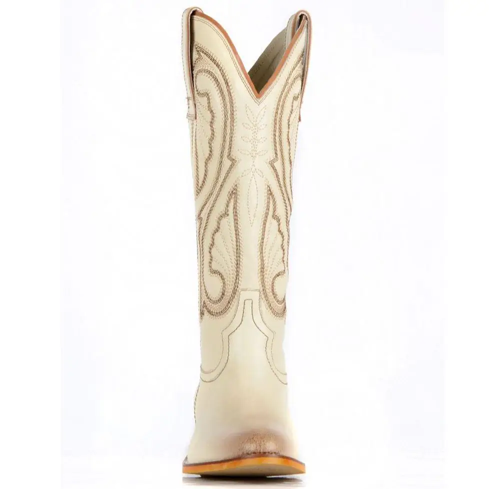

FootCourt- Cream Genuine Leather Round Toe Women Boots Western Style Beige Cowgirl Boots Embroidered Western Stitch New Fashion