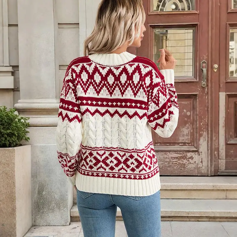 Фото Женский винтажный вязаный свитер Fair Isle, красный, белый рождественский стиль, свободный крой, теплые вязаные топы №2