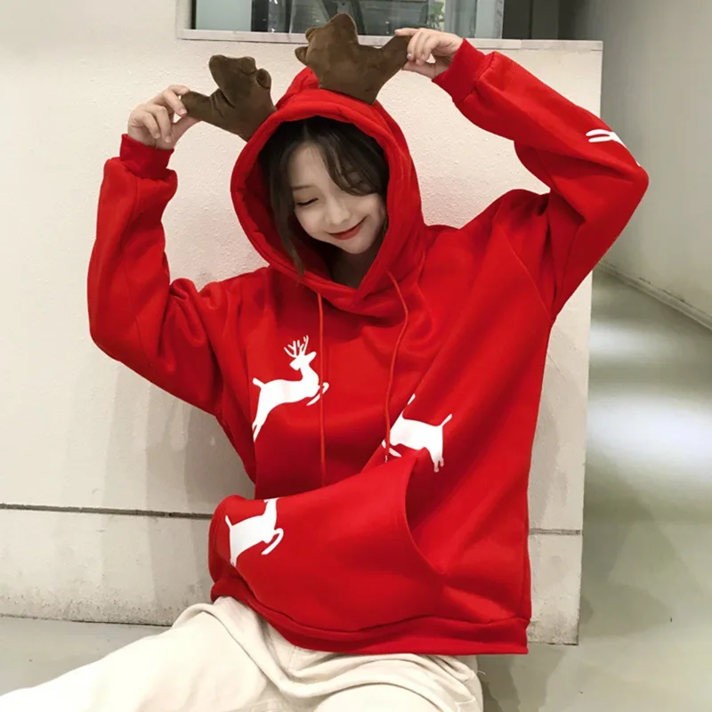 

Christmas Printed Antlers Hooded SweaterWinter Velvet Padded Thickened Sweater Loose Top Women's Coat