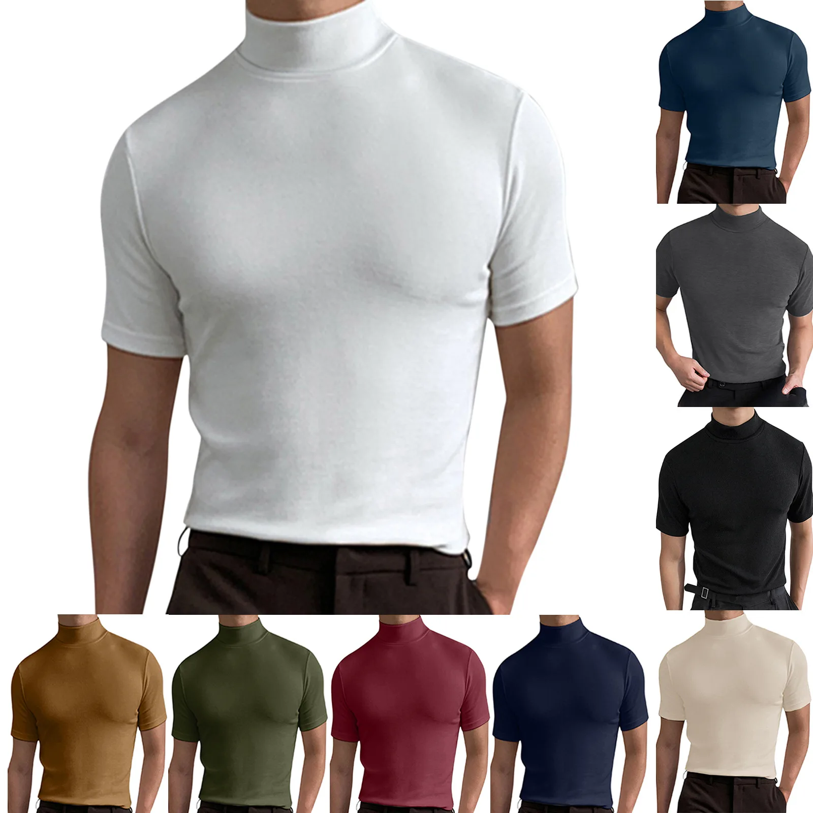 

Amazon Foreign Trade Europe and America Men's Autumn and Winter High Neck Short Sleeve T-shirt Men's Underlay Solid Color Top