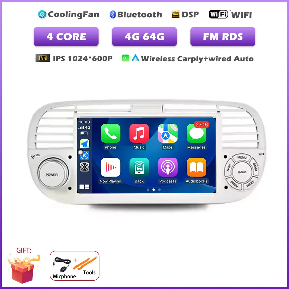 

7-дюймовый Android 16 Auto для FIAT 500 2007-2015, GPS-навигация, беспроводной CarPlay, автомобильный мультимедийный видеоплеер, стерео, автомагнитола, Bluetooth