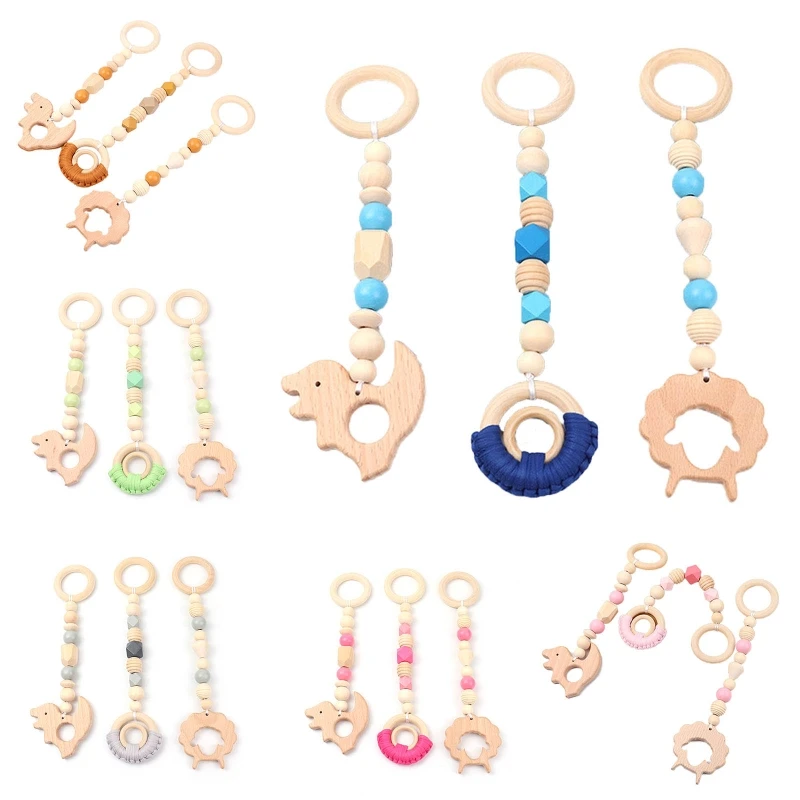 

3 Pcs Baby Gym Frame Dinosaur Sheep Animal Pendants Stroller Rattle Wooden Ring Beads Teether Hanging Mobile Bed Dropshipping