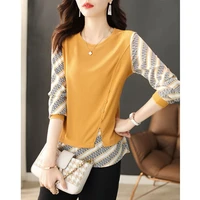 fashion printed button spliced fake two pieces asymmetrical blouses casual pullovers autumn new commute female clothing shirt
