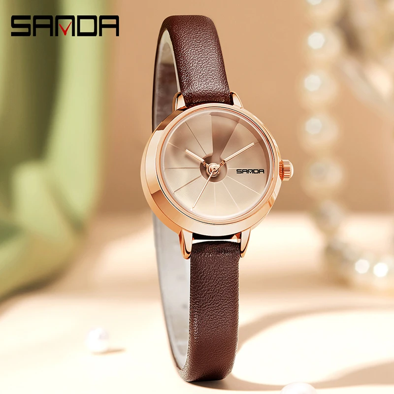 SANDA Casual Fashion Rose Gold Case Women Quartz Watch Brown Leather Strap Simple Style Womens Watch Water Resistant Reloj Mujer