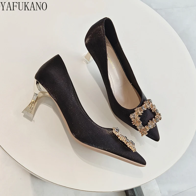 

Туфли-лодочки женские на высоком каблуке, пикантные элегантные туфли с кристаллами, заостренным носком, квадратная пряжка, обувь для работы...