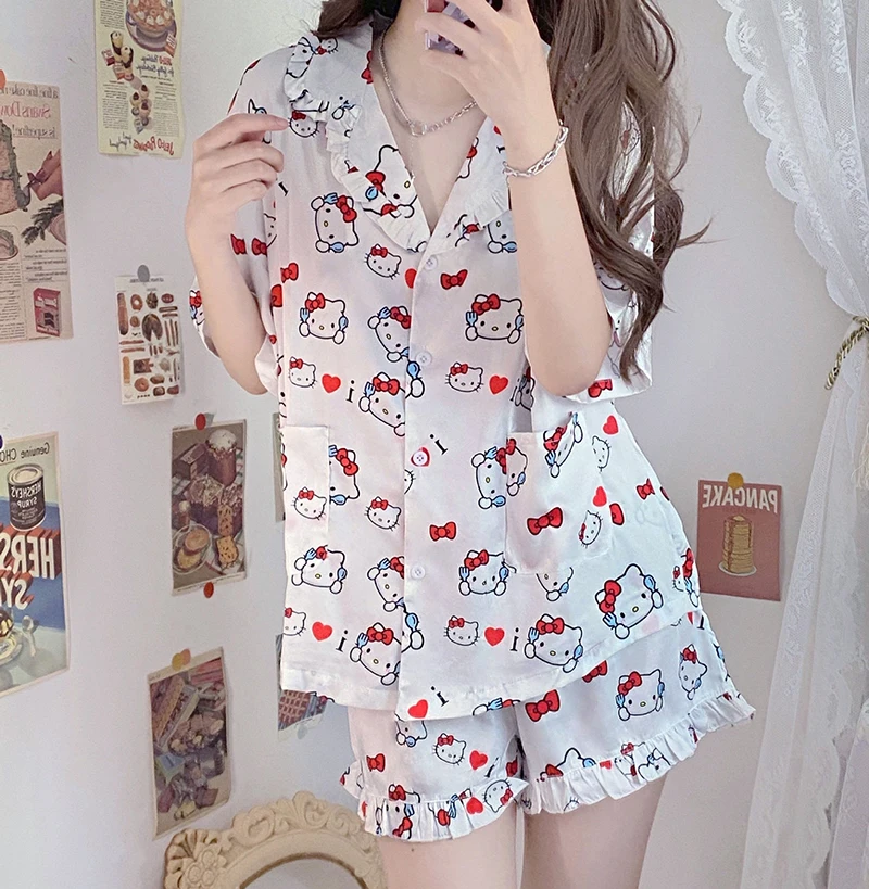 

Kawaii Sanrio Hello Kitty Cartoon Print Short-Sleeved Shorts Pajamas Set Summer Cute Girls Y2K Loose Wear Home Clothes