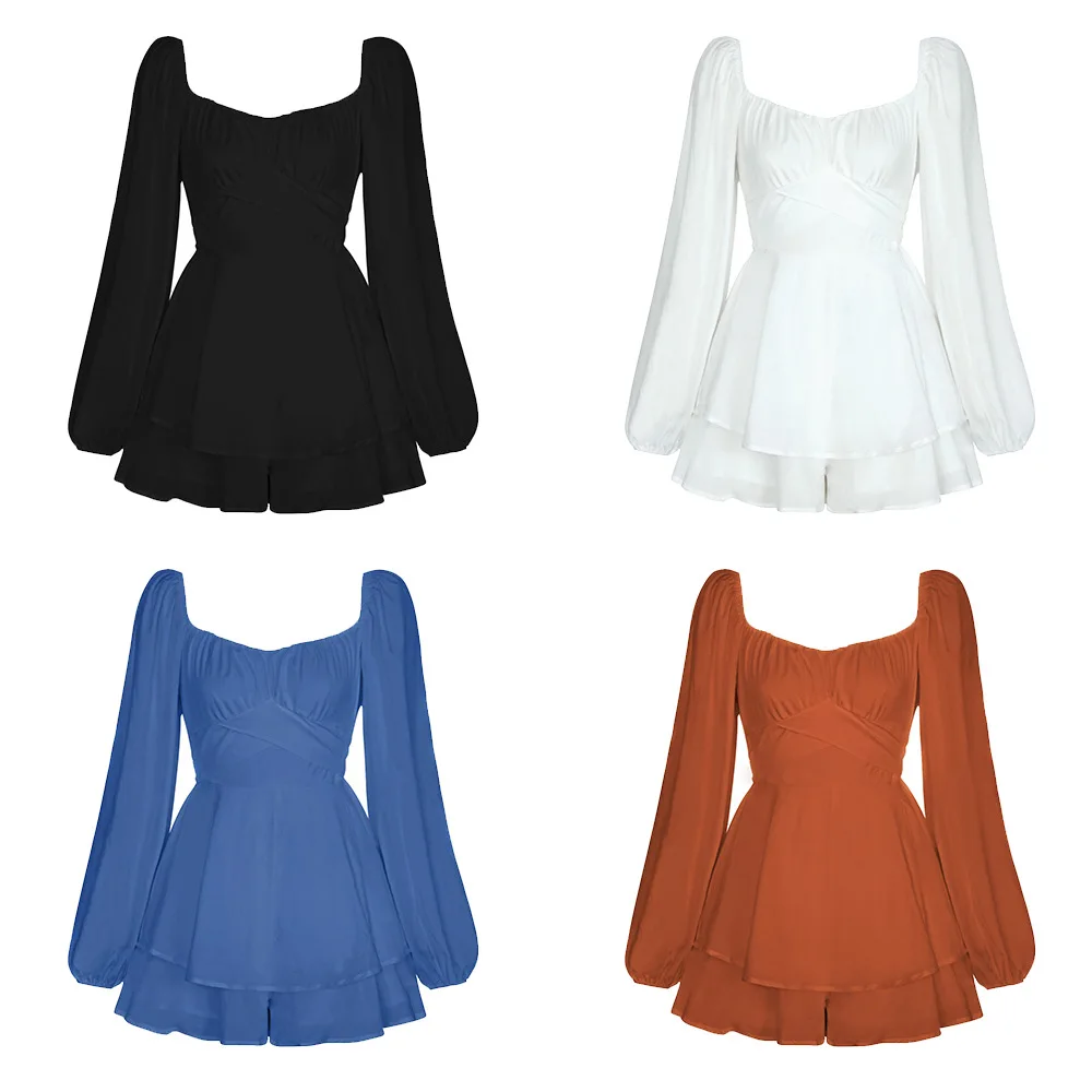 Women's Sexy Autumn Square Collar Lantern Long Sleeve One-piece Ruffle Shorts Casual Culottes Mini A-line Culottes Elegant Party