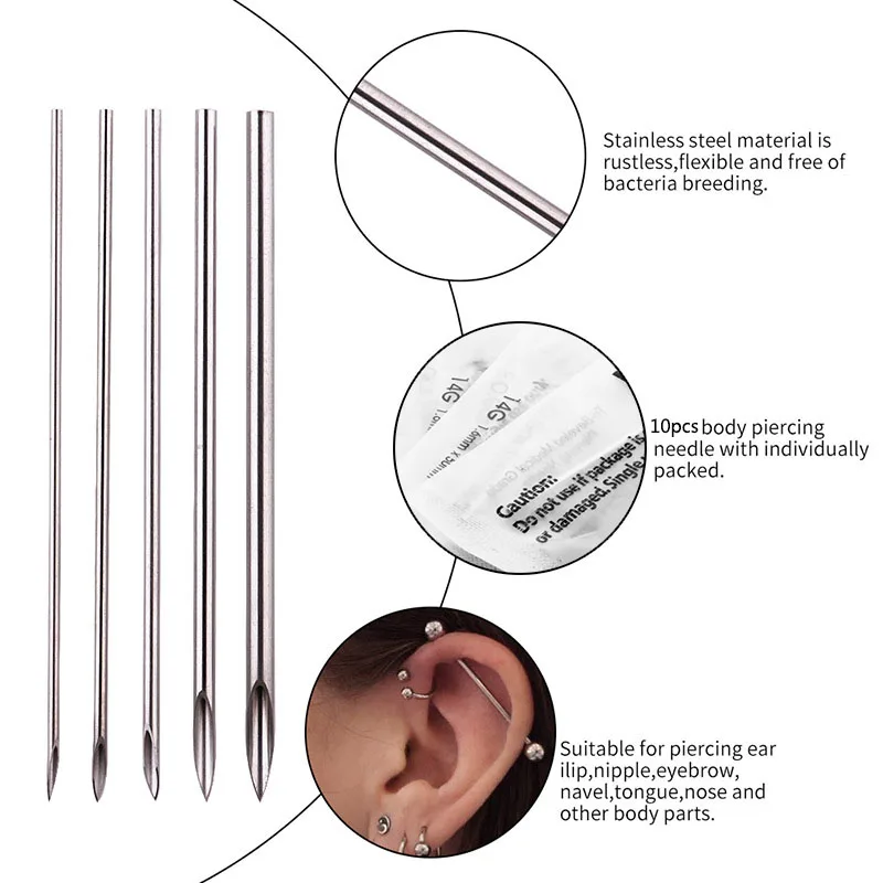 

10pcs Disposable Sterile Body Piercing Needles Medical Tattoo Needle For Navel Nipple Lip NavelRing Kit Surgical Steel Piercing