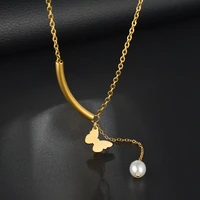2022 bohemian simple dainty butterfly gold layered steel necklace chain pearls pendant long choker necklaces jewelry for women