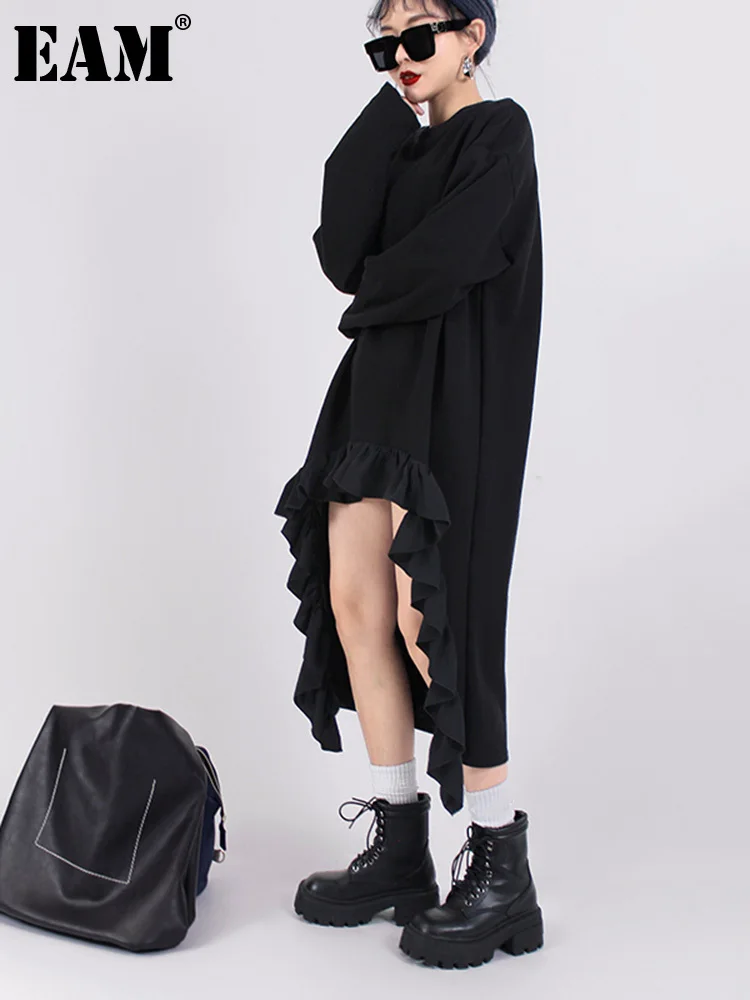 

[EAM] Women Black Irregular Ruffles Big Size Dress New Round Neck Long Sleeve Loose Fit Fashion Tide Spring Autumn 2023 1DF5077