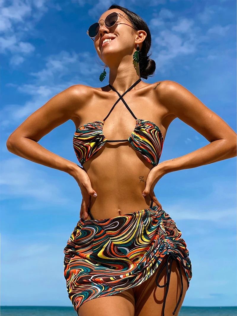 

Swirl Print Halter 3 Pieces Bikini Set with Skirt Swimsuit for Women Drawstring Thong Bathing Suit 2022 New Swimwear Beachwear