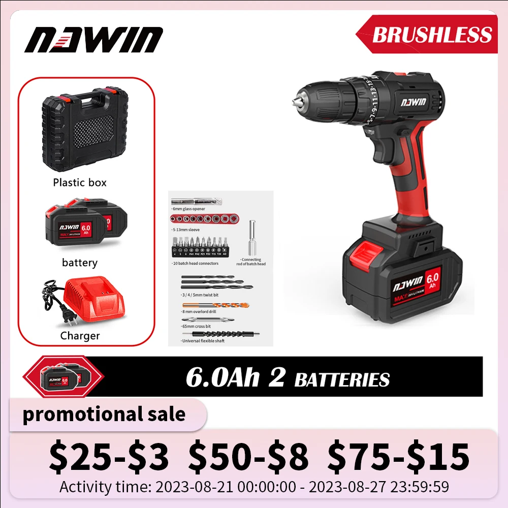 NAWIN Brushless  Drill 80NM Impact Electric Screwdriver 3 Function 20V Steel / Wood / Masonry Tool Bare Tool