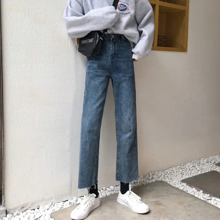 

DD2883 New style loose high-waisted slim distressed straight-leg jeans ankle-length jeans