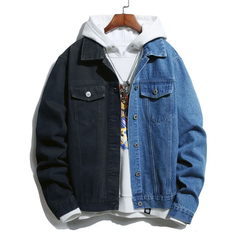 

Autumn Winter Men Denim Jacket Fashion Self-cultivation Casual Two-color Stitching Black/red Black/blue Black/white Jeans Jacket