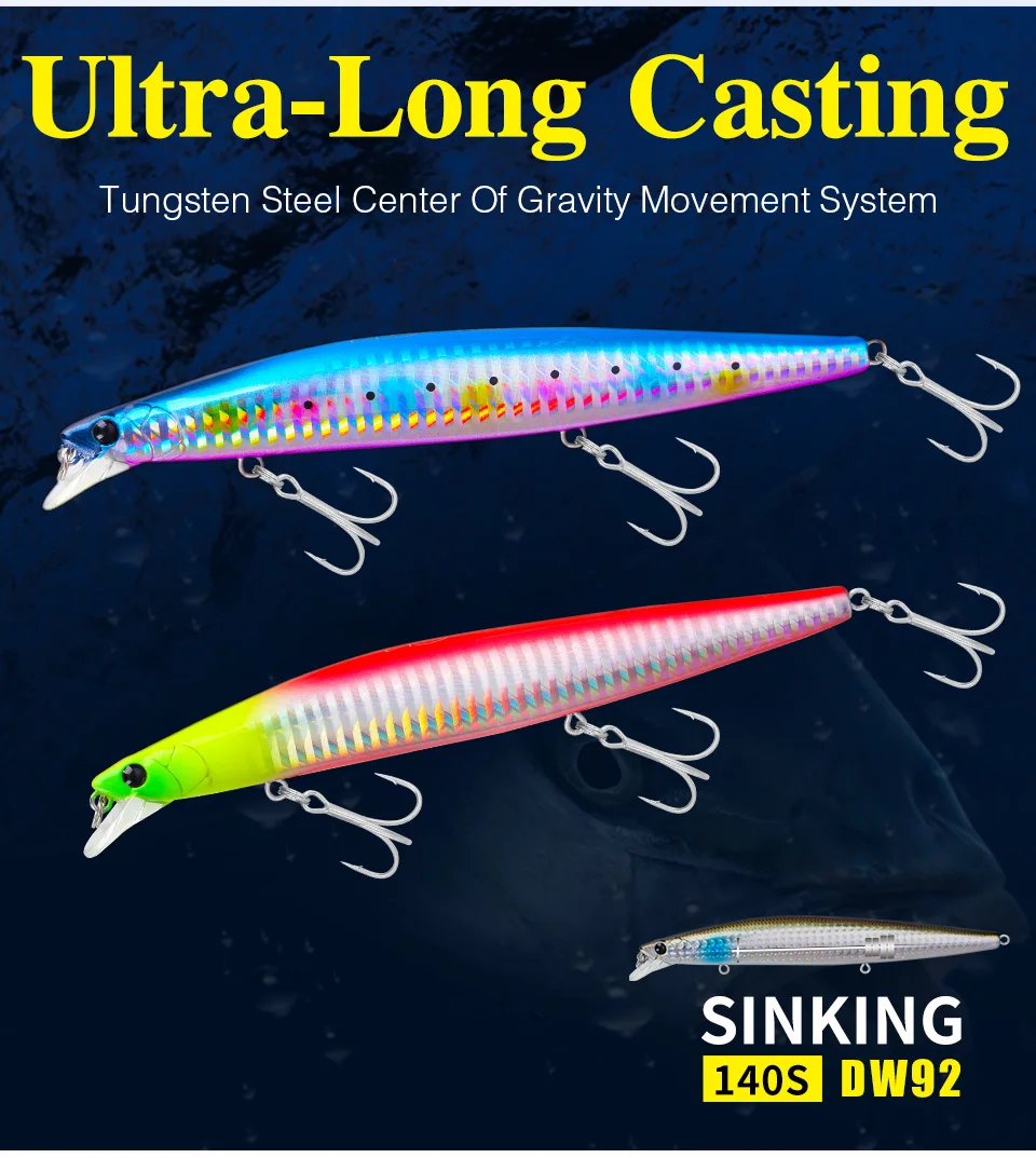 

TSURINOYA 140S DW92 Sinking Minnow Fishing Lures 26g/140mm Saltwater Black Bass Pike Pesca Peche Long Casting Hard Baits Tackle