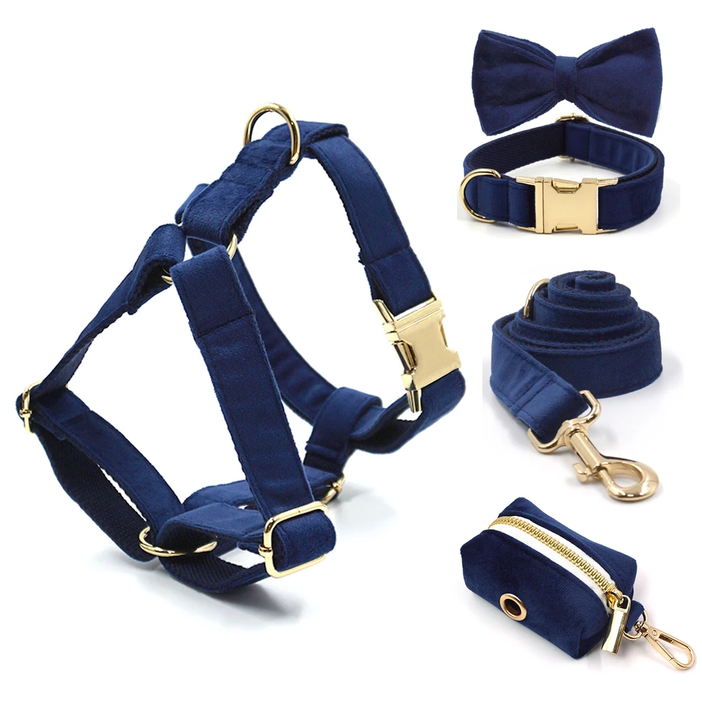 

Deep Blue Velvet Personalized Dog Harness Luxury Designer Dog Collar Leash Set Bow Pet Collar with Walking Lead Pet Accessories