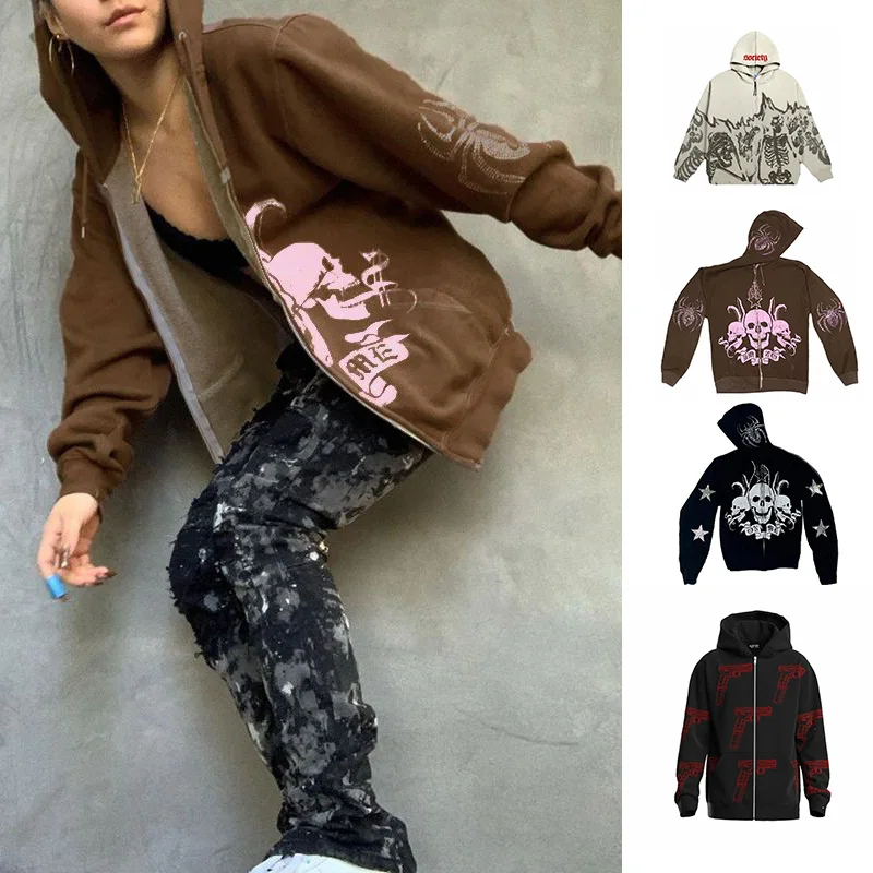 

Diamond Rhinestone Y2k Hoodies Women Pocket New 2022 Harajuku Flame Jacket Goth Punk Zipper Cotton Pocket Autumn Winter Zip Up