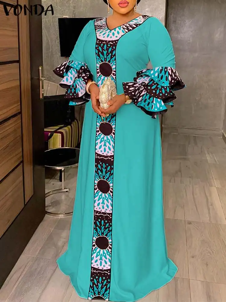 

VONDA Bohemian Printed Dress Summer Maxi Sundress 2023 Vintage 3/4 Sleeve V-Neck Casual Patchwork Loose Ruffled Party Robe Femme