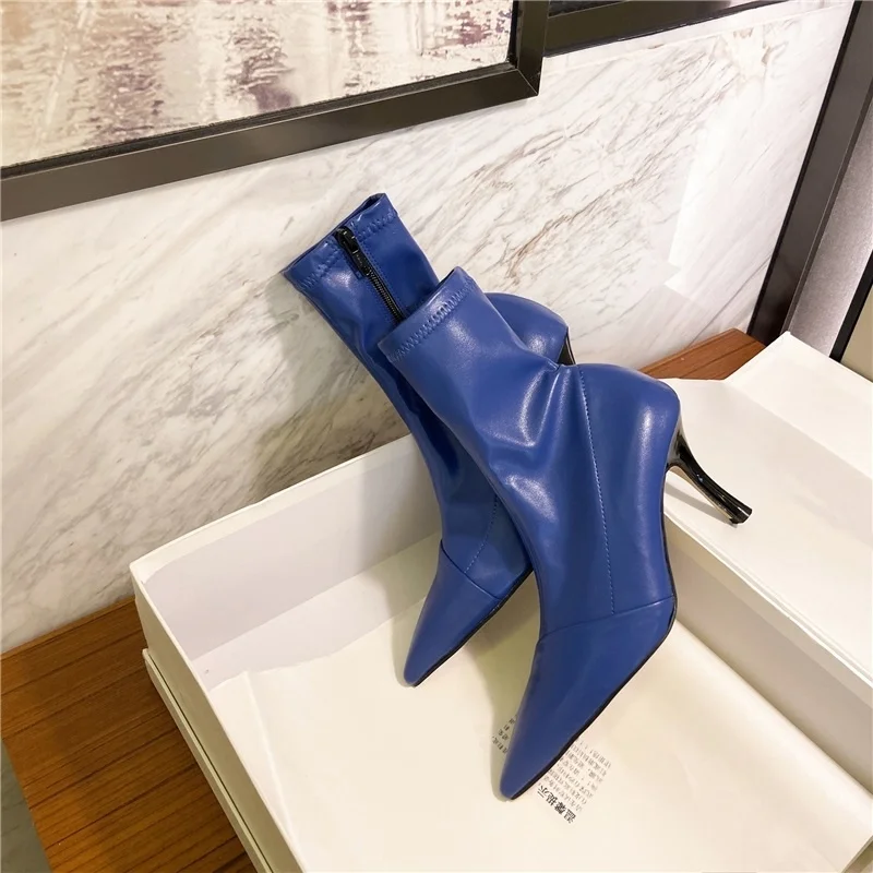 

size 43 plus European style stretch fabric women's shoes straight high stiletto heel nightclub party pleated solid ankle boots