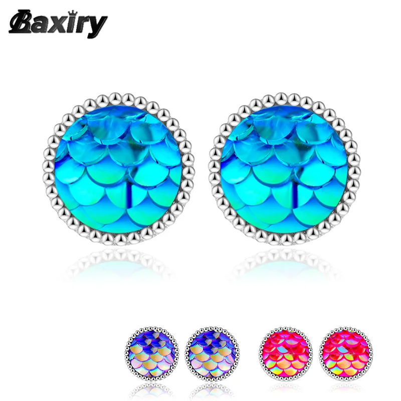 

Silver Color Stud Earrings For Women Luxury Round Earring Resin Fish Scale Sleeper Fashion Original 2022 Trend Party Jewelry