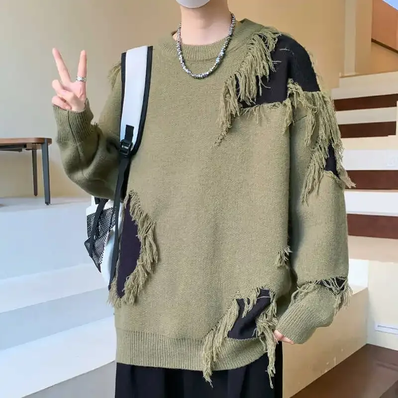 Осень/зима мужской утолщенный вязаный свитер в стиле хип-хоп с отверстиями