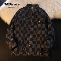 retro chessboard cowboy coat mens and womens spring and autumn design sense minor couple jeans