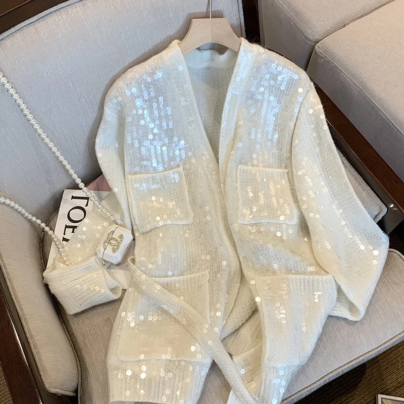 

Women V-Neck Sequined Knitted Cardigan Autumn Cashmere Beaded Sweater Coat Thin OL Straps Knitwear Lace Up Fuzzy Tops Sueter