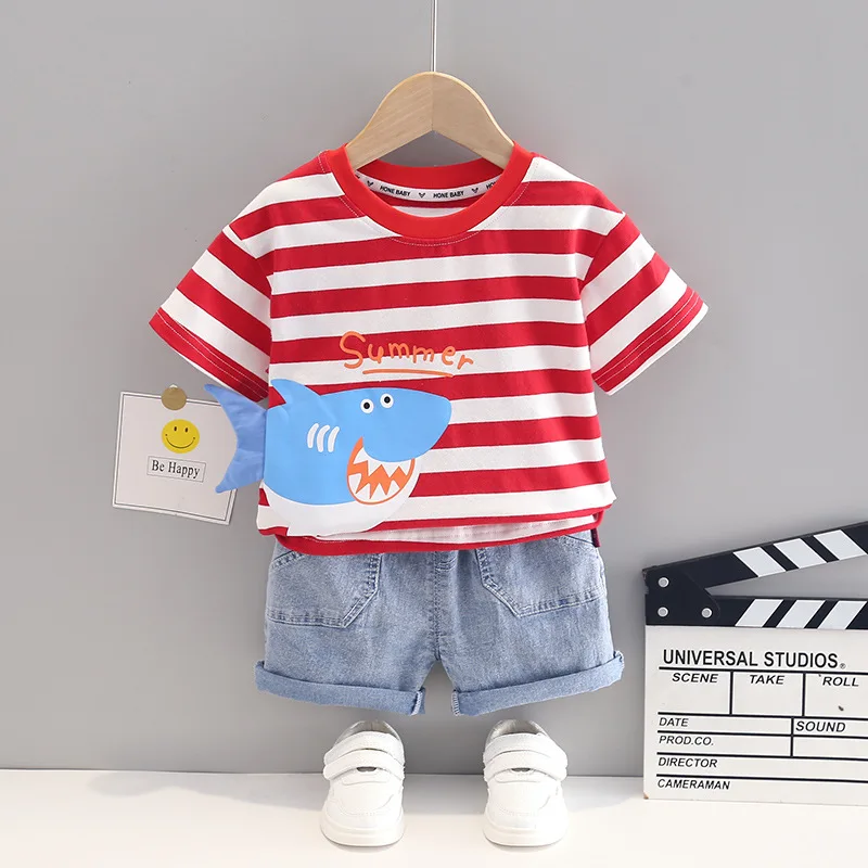 

Baby Boy Summer Clothes 2022 Korean Fashion O-neck Striped Shark T-shirts Tops and Shorts 2PCS Infant Outfits Kids Tracksuits